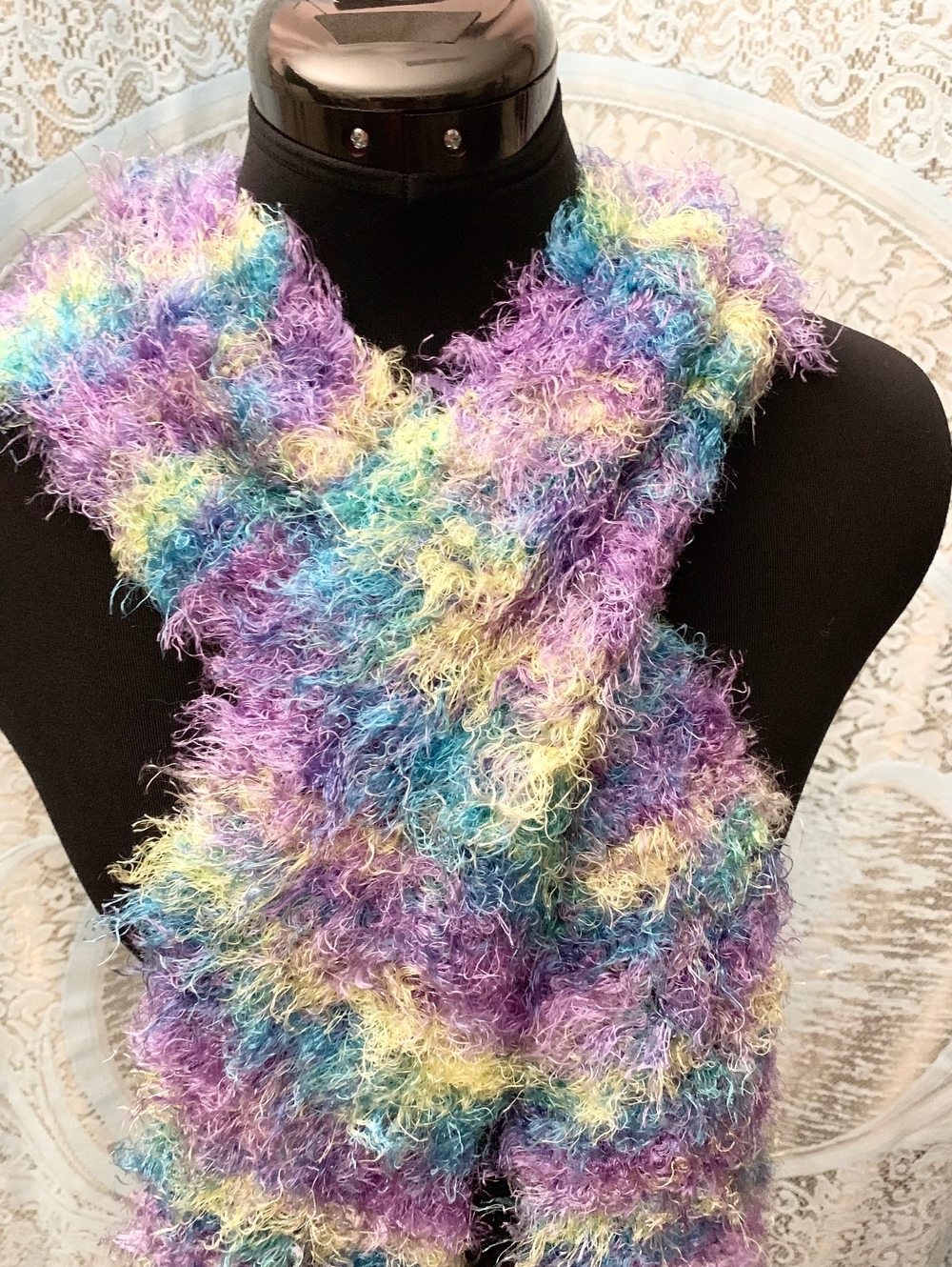 Y2K Eyelash Knit Scarf Fuzzy Pastel Stripes Whimsical 2000's - Picture 4 of 4